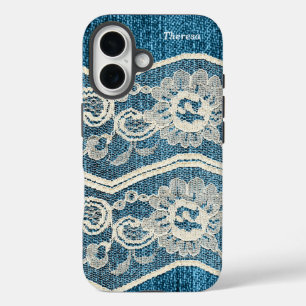 Coque Pour iPhone 16 Déni bleu tendance et dentelle blanche