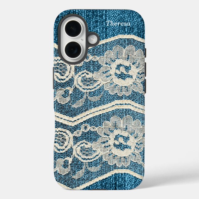 Coques Case-Mate iPhone Déni bleu tendance et dentelle blanche (Verso)