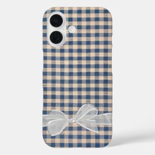 Coque Pour iPhone 16 Denim En vichy Avec Bow Blanc