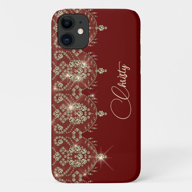 Coques Case-Mate iPhone Dentelle Bourgogne rouge et or élégant brillant (Dos)