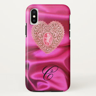 COQUE POUR iPhone XS DENTELLE DE CUPIDON COEUR SOIE ROSE FUCHSIA TISSU 