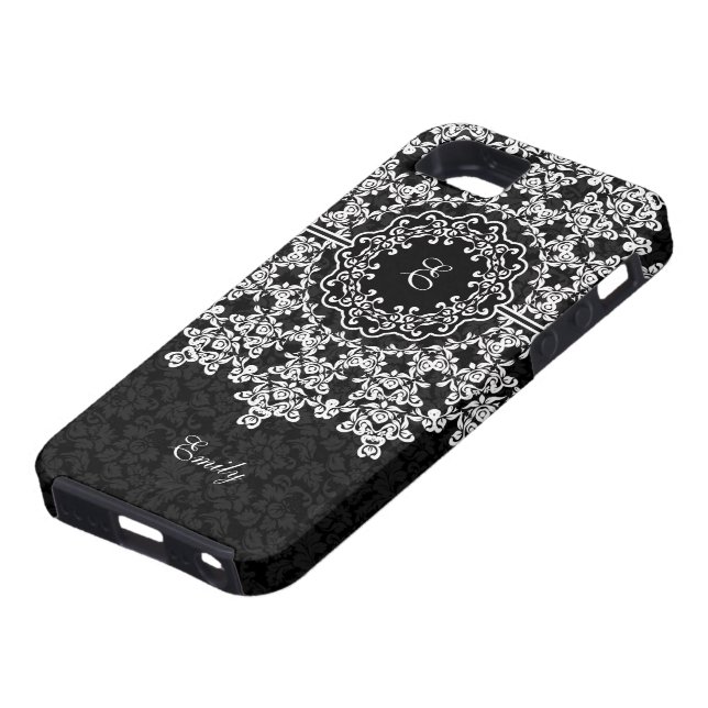 Coques Case-Mate iPhone Dentelle florale blanche Damas noires Monogramme (Bas)