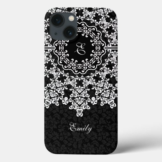 Coques Case-Mate iPhone Dentelle florale blanche Damas noires Monogramme (Verso)