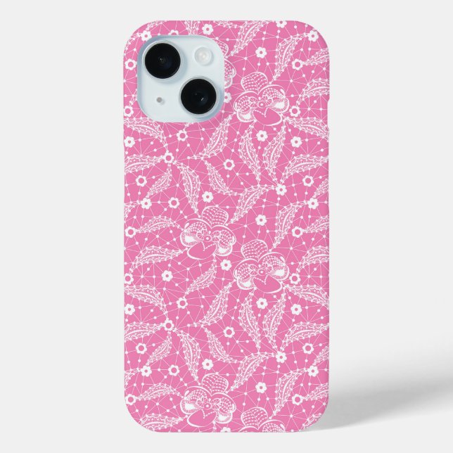 Coques Case-Mate iPhone Dentelle florale blanche sur fond rose  (Verso)