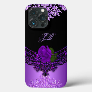 iPhone 13 Pro Case Dentelle florale Rose violette Noire