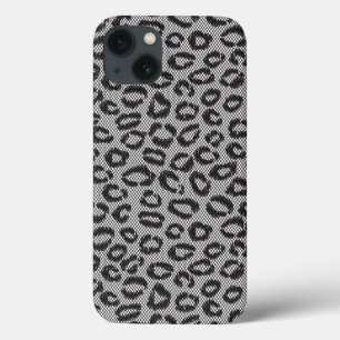 Etui iPhone 13 Dentelle nette noire avec le motif de léopard sur