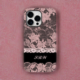 Coque Case-Mate iPhone Dentelle rose feminine sur noir avec initiales