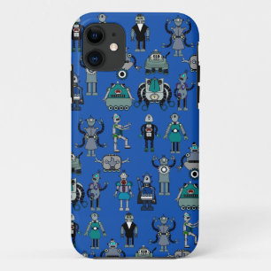 Coque iPhone 11 Des robots ! Robots rétro Vintages Geeks sur Blue