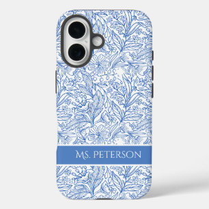 Coque Pour iPhone 16 Design botanique bleu élégant personnalisé