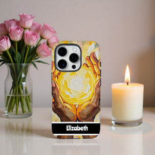 Coque iPhone 16 Pro Design d'art jaune rayonnant avec les mains