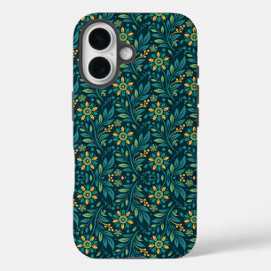 Coque Pour iPhone 16 Design élégant à motif floral jaune et sarcelle