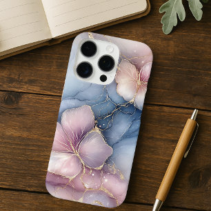 Coque iPhone 16 Pro Design floral rose élégant avec effet de marbre bl