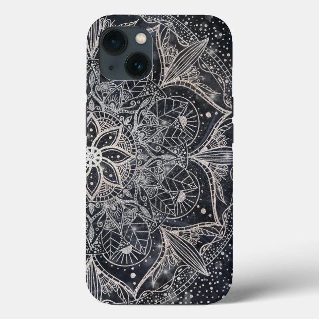 Coques Case-Mate iPhone Design tendance Silver Floral Mandala Blue Marble (Verso)