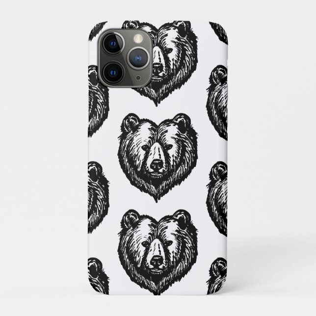 Coques Case-Mate iPhone Dessin à l'encre du visage d'ours noir et blanc (Dos)