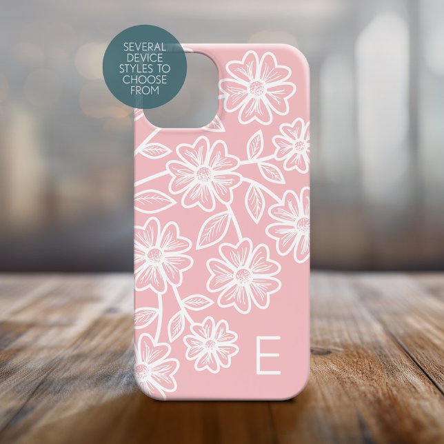 Coques Case-Mate iPhone Dessin floral de trait rose et blanc (Personalized Phone Case with Custom Text and Trendy Design)