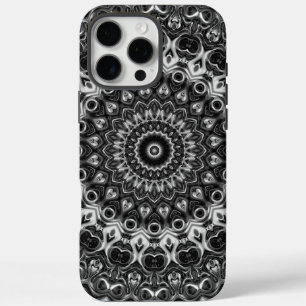 Coque iPhone 16 Pro Max Dessin géométrique mandala noir et blanc