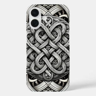 Coque Pour iPhone 16 Détaillierte Schwarz-Weißer keltischer Knoten 0001