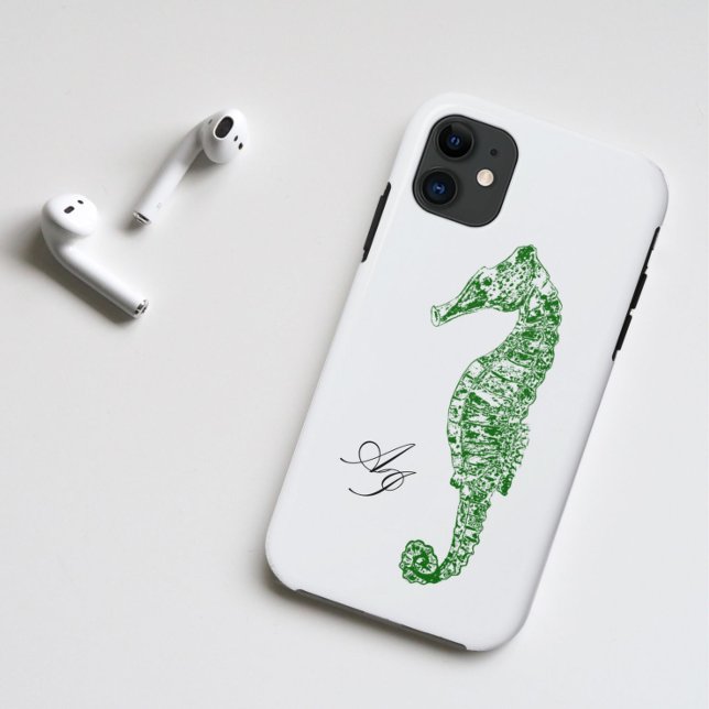 Coques Case-Mate iPhone Deux initiales hippocampe vert de l'aquarelle côti (Créateur téléchargé)