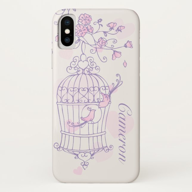 Coques Case-Mate iPhone Deux oiseaux et cages rose & pourpre nom (Dos)