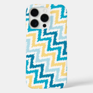 Coques iPhone 16 Pro Diagonal bleu et jaune Zigzag Ikat Motif
