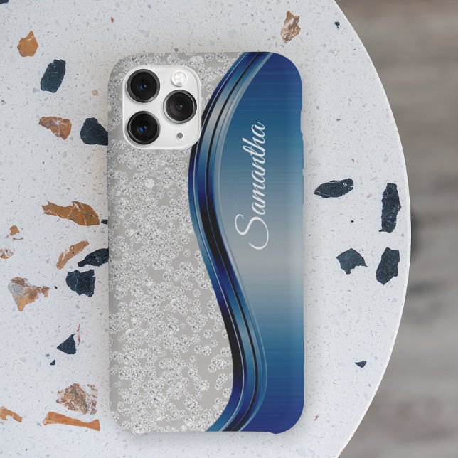 Coques Case-Mate iPhone Diamant Faux Bling Navy Blue Monogramme Nom (Créateur téléchargé)