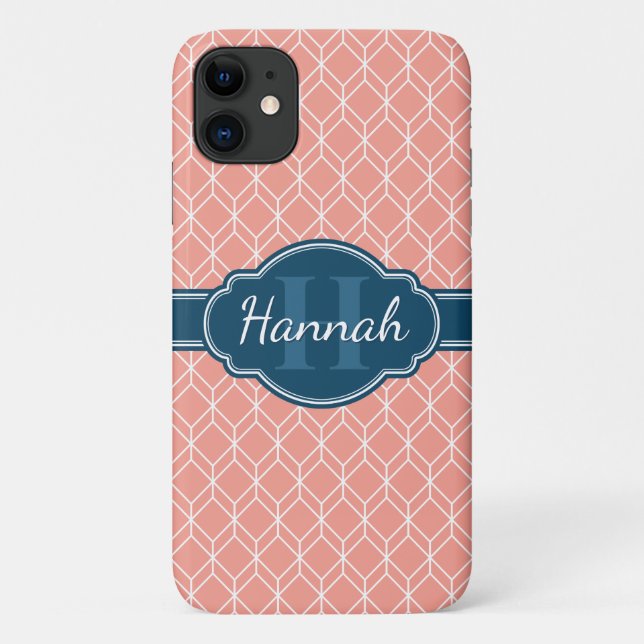 Coques Case-Mate iPhone Diamant géométrique rose Motif Monogramme bleu (Dos)