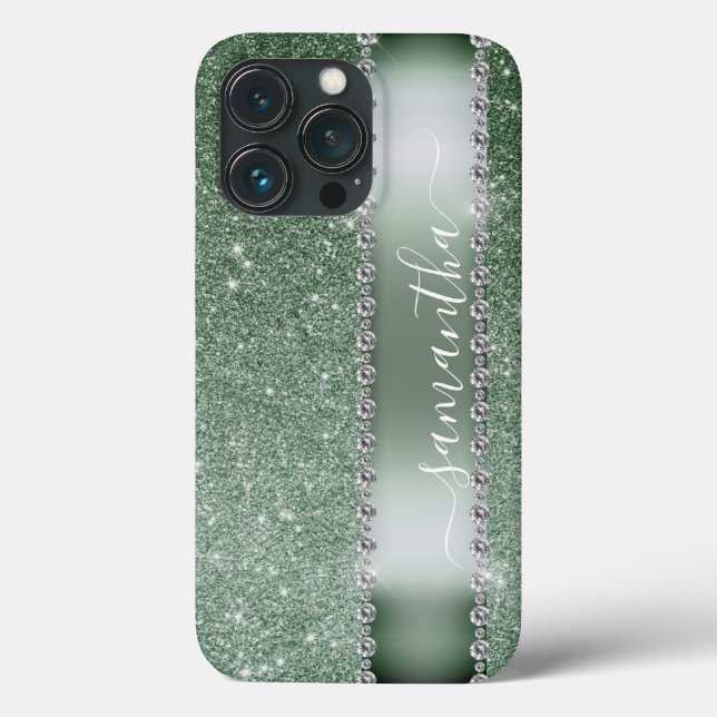 Coques Case-Mate iPhone Diamant Parties scintillant verte Calligraphie Nom (Verso)