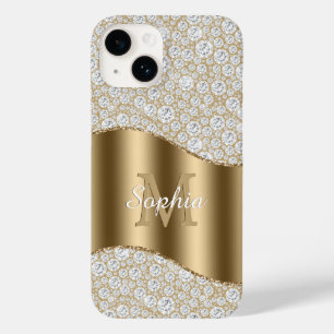 Coque Case-Mate iPhone Diamants, Grand Monogramme Doré, Nom en Écriture B