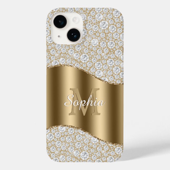 Coques Case-Mate iPhone Diamants, Grand Monogramme Doré, Nom en Écriture B (Verso)