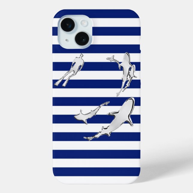 Coques Case-Mate iPhone Diver and Sharks on Nautical Stripes (Verso)