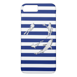 Coques Pour iPhone Diver and Sharks on Nautical Stripes