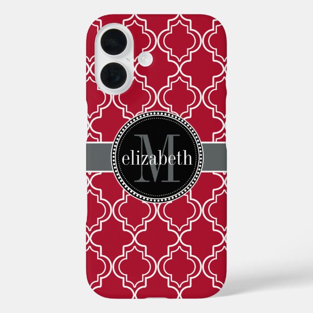 Coques Case-Mate iPhone Dk Berry Rouge noir Quatrefoil marocain Monogramme (Verso)