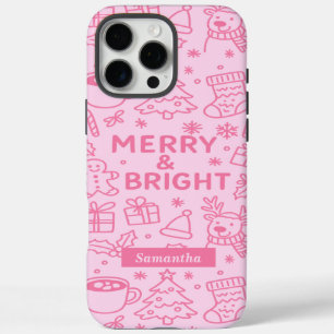 Coque iPhone 16 Pro Max Doodle de Noël rose   Vacances modernes