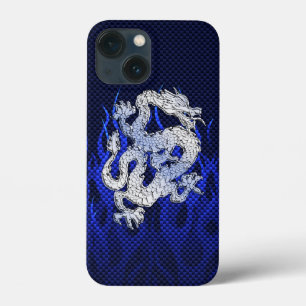 iPhone 13 Mini Case Dragon Bleu dans Chrome Carbon course flammes