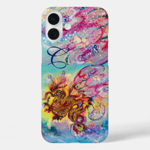 COQUES iPhone 16 PLUS DRAGON DE MER EN MONOGRAMME D'ÉCLAIRAGE BLEU OR