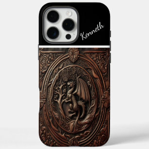 Coque iPhone 16 Pro Max Dragon sculpté en cuir