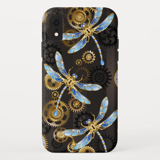 Coques Case-Mate iPhone Dragonflies de Steampunk sur arrière - plan rayé b (Dos)