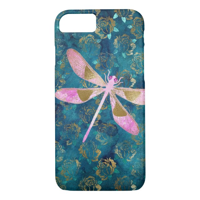 Coques Case-Mate iPhone Dragonfly Rose Gold sur Turquoise Blue Foil (Dos)
