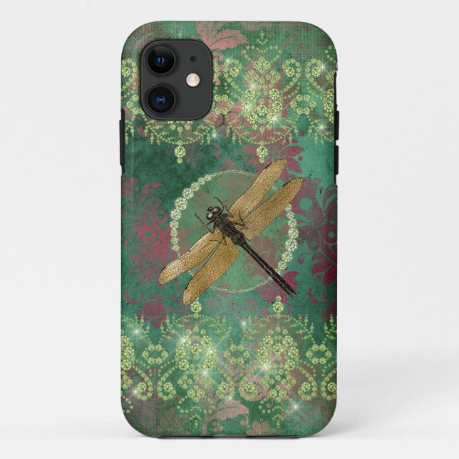 Coques Case-Mate iPhone Dragonfly sur Green With Rhinestones (Dos)