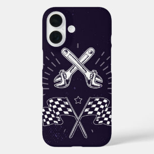 Coque Pour iPhone 16 Drapeau de clé et de À damiers Rétro Moto Mécaniqu