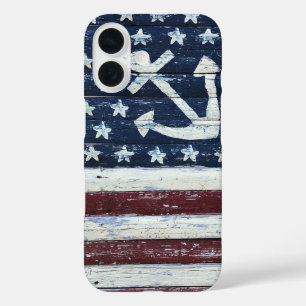 Coque Pour iPhone 16 Drapeau et Ancre peint aux États-Unis sur le bois