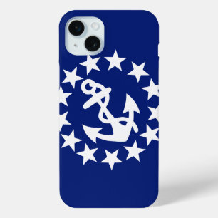 Coque iPhone 15 Mini Drapeau nautique Ancre et étoiles sur Décor bleu