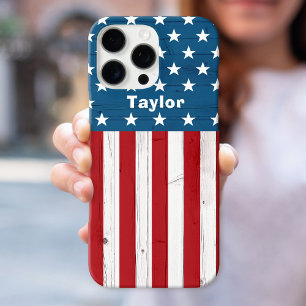Coque iPhone 16 Pro Max Drapeau patriotique américain Bois Vintage rustiqu