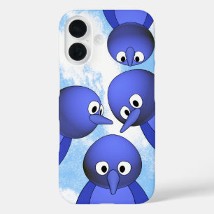 Coque Pour iPhone 16 Drôle Carton d'Oiseaux Bleus