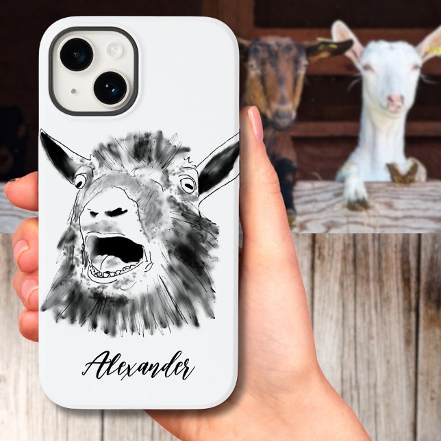 Coques Case-Mate iPhone Drôle crier Chèvre Noir et Blanc ajouter Nom (Funny screaming goat black and white illustration add name typography script iPhone case)