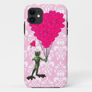 Coque Case-Mate iPhone Drôle dessin de grenouille & coeur rose sur damask