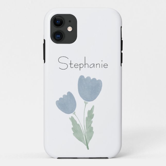 Coques Case-Mate iPhone Dusty Blue Simple Aquarelle Florale Votre Nom (Dos)