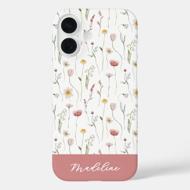 Coques Case-Mate iPhone Dusty Pink Watercolor Wildflower Name (Verso)