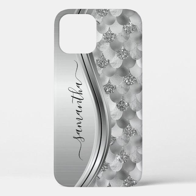 Coques Case-Mate iPhone Écailles de Sirène Argent Nom Manuscrit Métal (Verso)
