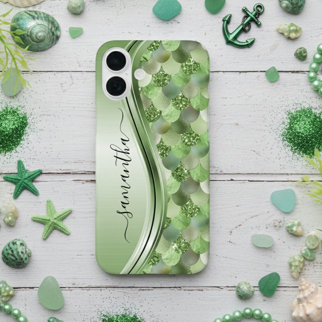 Coques Case-Mate iPhone Écailles de sirène Vert Nom manuscrit Métal (Créateur téléchargé)